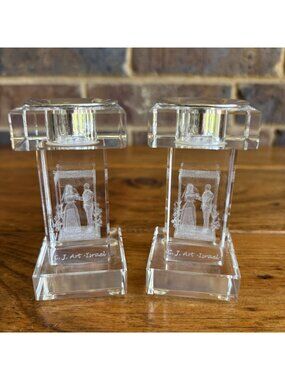 C. J. Art Israel 3D Laser Etched Crystal Jewish Wedding Candle Holders Sterling